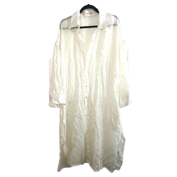 VITAMIN A Playa Linen Shirt Dress Shell Buttons Off-White Metallic Silver - L - Picture 1 of 9